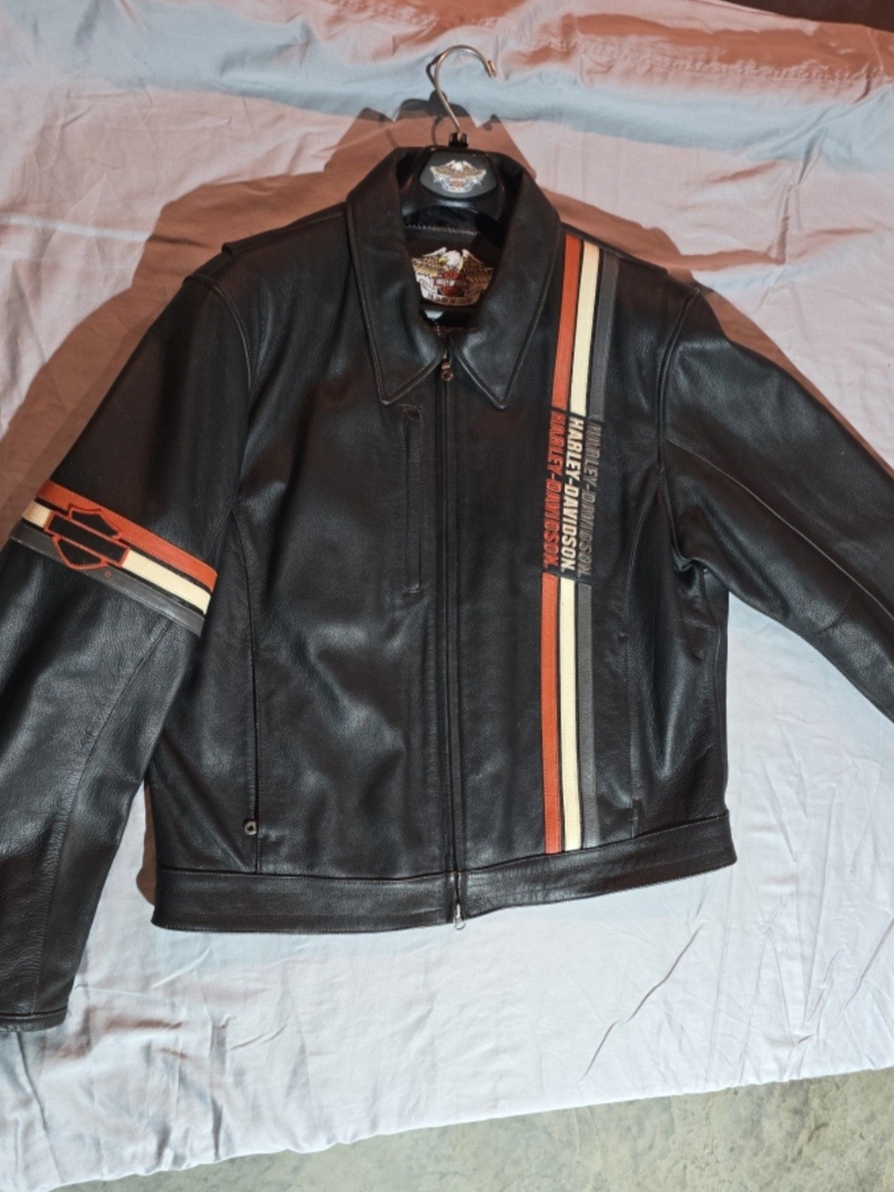 Harley-Davidson Black Leather Bomber with Orange & Cream Stripe Accents